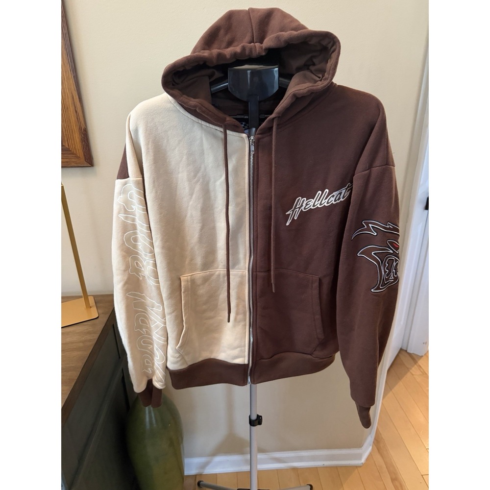 Dodge x Reason Hellcat Raise Hell Full Zip Hoodie Brown Cream Size S